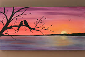 Bird On Tree Branch Painting Original Abstract Acrylic Painting On Canvas Beneath The Twilight Two Love Birds Tree Branch Lake Sunset Coral Purple Blue Water Summer Eve Canvas Painting Abstract Painting Acrylic Painting Canvas