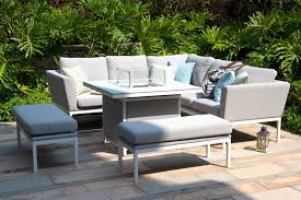 Cushions are made with sunbrella® fabric that is resistant to stains, mildew, chlorine and fading Pulse Square Corner Dining Set With Fire Pit Lead Chine The Clearance Zone
