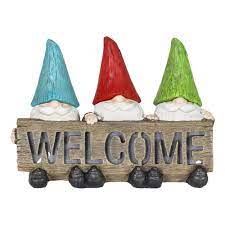 Welcome guests to your sleepy little hollow with this charming duo of a tired gnome and his lethargic tortoise pal. Exhart Solar Welcome Sign Gnome Garden Statue 18139 Rs The Home Depot