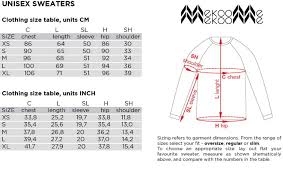 unisex size chart mekoome structural woolen knitwear