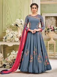 Stitch & turn your plain anarkali gown into a partywear dress with these suit designing ideas. Designer Bollywood Indian Gray Color Floral Party Wear Semestitch Anarkali Suit Shoppingover Lehenga W Indian Anarkali Dresses Anarkali Dress Lace Anarkali