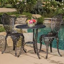 Noble House Cole Bronze 3 Piece Aluminum Round Outdoor Bistro Set Bistro Set Outdoor Furniture Sets Outdoor Tables Chairs