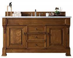 This free standing vanity includes four soft closing doors and four soft closing drawers with brushed nickel hardware that adds a modern appeal. 60 Inch Single Sink Bathroom Vanity In Country Oak