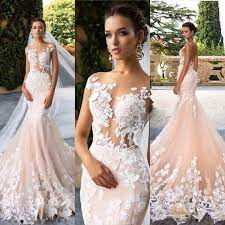 Mermaid Wedding Dresses For Bride Lace Applique Short Sleeve Peach Modest Elegant Cheap Bridal Dresses 2021 Cheap Bridal Dresses Bridal Dresses Wedding Dresses