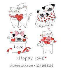 draw vector illustration collection portrait cute cat and pug dog with little heart for valentine day vektornye illyustracii smeshnye valentinki risunki karakuli