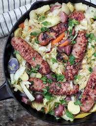 A spicy sausage pasta dish with a difference. Chicken Apple Sausage Skillet With Cabbage And Potatoes Parsnips And Pastries