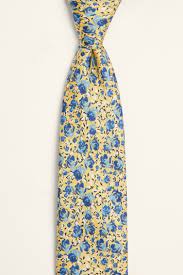 Yellow Blue Floral Print Silk Tie