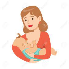 母乳で赤ちゃんを授乳する若い母親、カラフルな漫画のキャラクターベクトルイラストのイラスト素材・ベクター Image 81143253