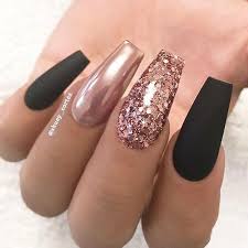 Black And Gold Coffin Nails Repost Matte Black Rose Gold Glitter And Chrome On Long Coffin Nails Picture And Nail Gold Nail Designs Rose Gold Nails Design Rose Gold Nails