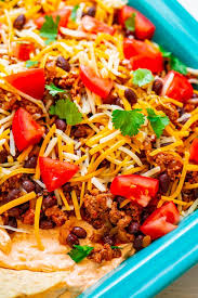 Layered Taco Dip Recipe Ready In 15 Minutes Averie Cooks Recipe Tacos Beef Ground Beef Tacos Taco Dip With Meat