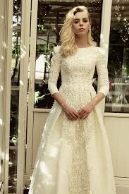 Isla Chana Marelus Modest 3 4 Sleeve Wedding Gown With Floral Embroidery Modest Dresses Modest Bridal Gowns Modest Wedding Gowns