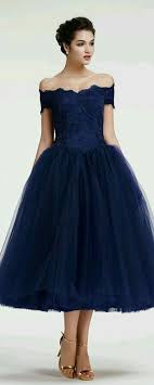Off The Shoulder Blue Tule Evening Dresses Vintage Vintage Formal Dresses Tea Length Dresses