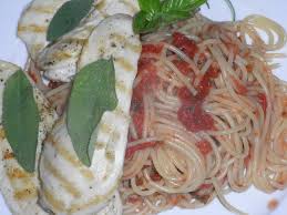 Piccata milanese vom huhn in spaghetti pomodoro und blattsalat (g,l,o) oder spaghetti mit bärlauchpesto und blattsalat Piccata Bianca Genussfaktor