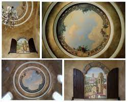 Clouds painted on ceilings, softly blended girls room walls, faux wall treatments in dining rooms, living rooms, family. Ceiling And Wall Mural Against Faux Finish Of Entry Robert Milling Studios