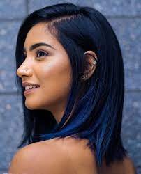 119 Medium Length Purple Hair Highlights In Blonde Hair In 2020 Hair Color For Black Hair Blue Ombre Hair Medium Length Hair Styles