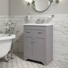 Bathroom vanity unit | grey cream marble top | ceramic basin tap & plug. 600mm Grey Freestanding Vanity Unit With Basin Baxenden Better Bathrooms