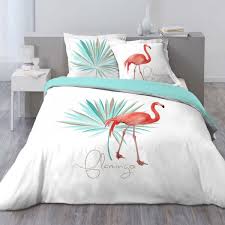 Housse de couette sur conforama.fr ! Housse De Couette Et Deux Taies Coton 240 Cm Flamingo Blanche Et Bleue Linge De Lit Eminza