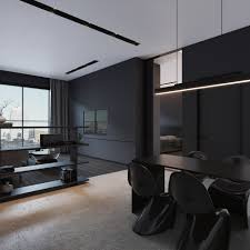 This picture of an ocean waterfront with crashing waves visually expands the room beyond the physical walls, while the soft grey tones of the graphic also set the color scheme for the rest of the room. Dark Apartment Interior Design On Behance