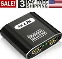 HDMI Splitter 1 In 2 Out - Aluminum 4K Signal V1.4 Powered HDCP Bypass  Supports
