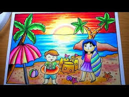 Cara Menggambar Pemandangan Sunset Di Pantai Drawing Sunset Scenery Drawing Beach Youtub Beach Art Drawing Art Drawings For Kids Illustration Art Drawing