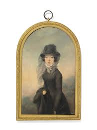 Portrait Of A Woman With A Man At A Casement Jean Baptiste Isabey French 1767 1835 A Lady In Black Dress Wearing A Hat And Veil Miniature Painting Miniature Portraits Painting