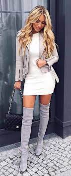 Winter Outfits White Crew Neck Bodycon Dress Gray Zip Up Cardigan And Thigh High Boots Outfit Fashion Fashion Outfits Trendy Outfits Winter