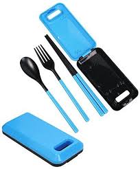 Javoedge Blue Foldable Compact Style Travel Utensil Set With Spoon Fork Chopsticks With Bonus Drawstring Bag See Travel Utensils Utensil Set Tableware Set