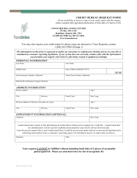 The form has sections for application information, employment information, debts, and assets. Credit Bureau Request Form