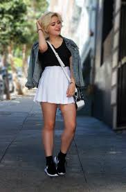 Black And White Pleated Mini Skirt Women S Blue Denim Jacket Black Crew Neck T Shirt White Pleated Mini Skirt Black And White Athletic Shoes Mini Skirts Pleated Mini Skirt Outfit Miniskirt Outfits