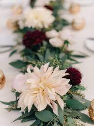 Seeded Eucalyptus Garland With Fall Flowers Cream Burgundy Dahlias 19 East Fall Wedding Dahlias Wedding Dahlia Centerpiece Wedding Wedding Flowers