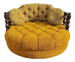 Vintage Mid Century Round Loveseat Chair Orange Yellow Velvet Couch With Floral Print Pillows Very Unique Retro Love Seat Round Couch Custom Upholstery