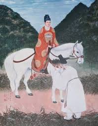 Korean Painting: ~ “The ghost of 단종 (King Danjong, [端宗], 1441-1457) on his way to reside at Taebaek-san as a Sansin (San-shin), with the Yeongwol Governor offering sacred herbs to him.” http://san-shin.net/Taebaeksan-Danjong-Bigak.html