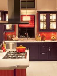 Bold Orange Backsplash Purple Kitchen Kitchen Colors Kitchen Colour Schemes