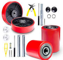 Pallet Jack/Truck FULL SET RED with Axles, Steering Wheels 7"x 2" Pair,  Front Load Roller 3" x 3.75" Pair with Bearings ID 20mm Poly Tread Red,  Entry ...