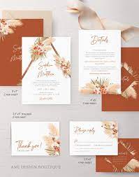 Terracotta Boho Wedding Invitation Set Template Pampas Grass Dried Palm Leaf Fall Winter Earthy Tones Burnt Orange Instant Download 017 In 2021 Wedding Invitations Boho Wedding Invitation Sets Wedding Invitations