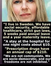 I live in Sweden. We have social security, affordable healthcare, strict  gun laws, 5 weeks paid annual leave and a year maternity leave. "A stay at  the hospital for one night costs