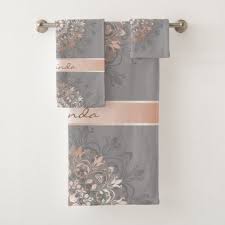 Rose Gold Gray Floral Mandala Monogram Bath Towel Set Monogrammed Bath Towels Bath Towels Display Monogrammed Bath
