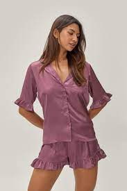 Nasty Gal Satin Ruffle Pajama Shirt And Shorts Set In Mauve Purple Lyst