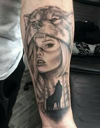 Native American Indian Woman With Wolf Headdress And Wolf Silloette Wolf Girl Tattoos Headdress Tattoo American Tattoos