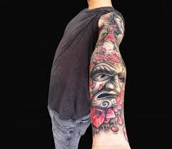 Black And Red Japanese Sleeve Tattoo Japanese Mask Tattoo By Mike Devries