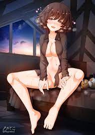 1girls akiyama yukari aquaegg bed blush boko (girls und panzer)  bottomless breasts brown eyes brown hair cleavage collarbone covered erect  nipples female female only girls und panzer heart highres