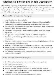 Mechanical Site Engineer Job Description | Velvet Jobs