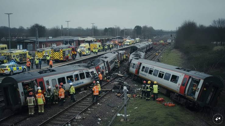 Emergency services respond to a passenger train derailment in southern England during the heatwave.