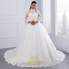 High Neck Long Sleeve Lace Embellished A Line Ball Gown Wedding Dress Long Sleeve Wedding Dress Lace Ball Gowns Wedding Wedding Dresses Lace