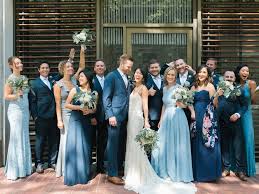 Modern Riverfront Wedding Daimler Trucks Portland Headquarters Na Portland Wedding Planner Kamea Events Bridal Party Mismatched Blue Bridal Dress Blue Bridesmaid Gowns