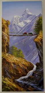 Paintings From Nepal Hanging Bridge Nepal Art Mountain Paintings Landscape Paintings