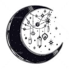 Black And White Gemstone Tattoo Crescent Boho Moon With Gemstone Pendants Celestial Tattoo Magic Tattoo Boho Moon