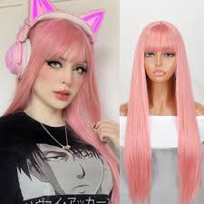 Kaufe MERISIHAIR Rosa Lange Gerade Perücke mit Pony Synthetische  Hitzebeständige Faser Perücken für Frau Mädchen Cosplay Natürliches Haar  zum Preis ab 14