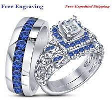 Princess Diamond Blue Sapphire 14k White Gold Over Bride Groom Trio Ring Set Bacio2jewel Couple Wedding Rings Wedding Ring Trio Sets Wedding Ring Bands