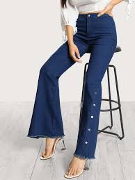 Snap Button Bell Bottom Pants Denim